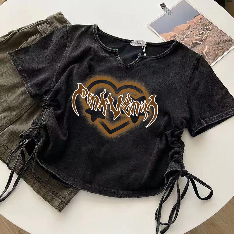 Drawstring Design Love Short Washed Black Old Short-sleeved T-shirt Women's Summer Ins Korean-style All-match Niche Top