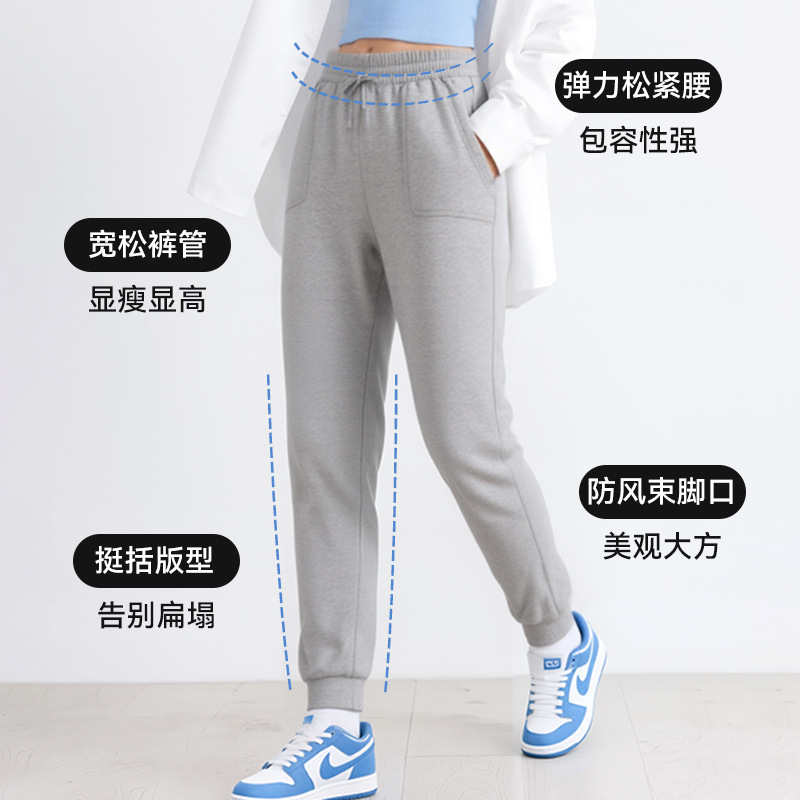 女士秋冬加绒拉链卫裤收口运动裤长裤外穿宽松高腰休闲高腰宽松|undefined