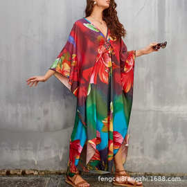 2025年沙滩罩衫防晒度假长袍抽象几何彩色幻觉图案长款宽松连衣裙