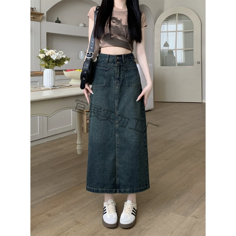 Джинсовая юбка для женщин, А-силуэта, миниатюрная, больших размеров, для полных девушек, летняя с высокой талией, с разрезом, тонкая, длинная юбка грушевидной формы.
