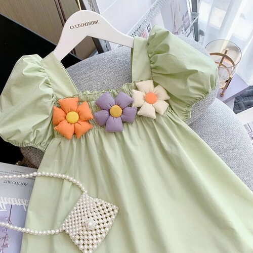 Baby Summer Dress for Girls, Cute Children's Personalized Trendy Korean Style 3D Flower Puff Sleeve Princess Dress