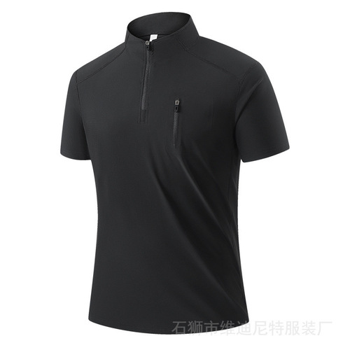 Cross-border - 2025 Half Zip T-Shirt Men's Short Sleeve Ice Silk Quick Dry Running Fitness Elastic Breathable Casual Sports Top