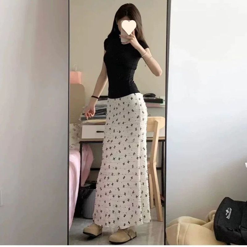 套装女春夏新款韩系辣妹短袖恤上衣高腰显瘦碎花鱼尾半身裙|undefined
