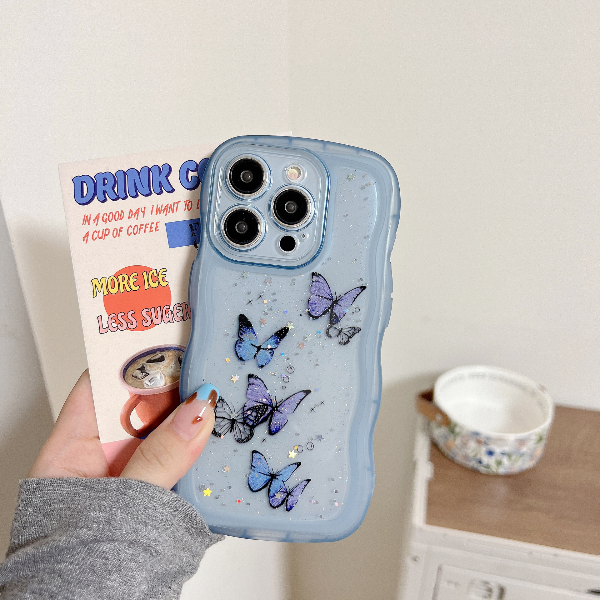 Gran onda goteo de mariposa de silicona para iPhone 16 ProMax Apple 15 polvo flash 13 silicona 12 caso de teléfono