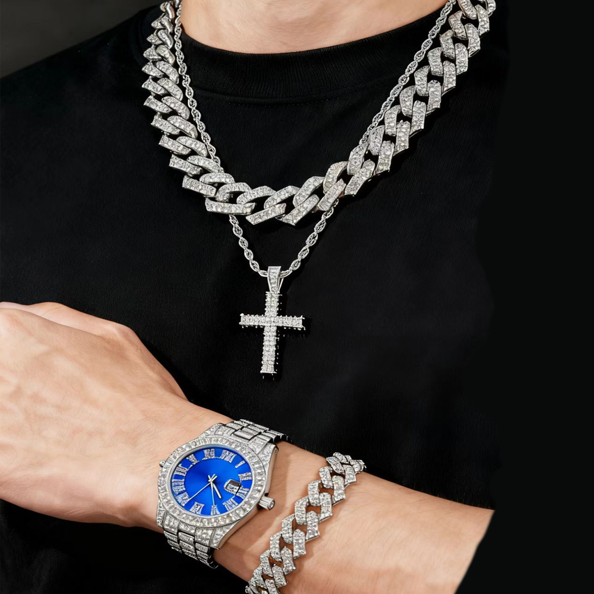 Aleación Hip Hop Diamond Reloj romano Juego de pulsera cubana Calendario de aleación de zinc Reloj de cuarzo wristwatches