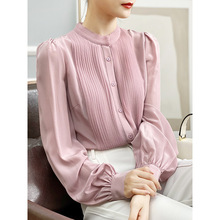 左左家 温柔气质重工风琴褶真丝衬衫女圆领气质灯笼袖桑蚕丝上衣