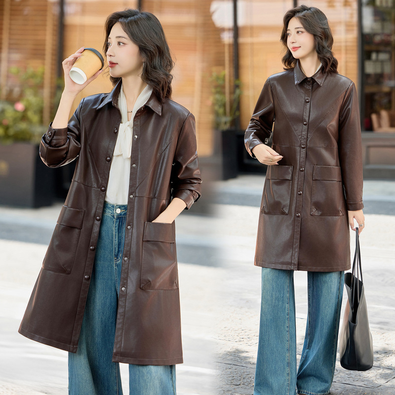 Counter Sheepskin Leather Jacket for Women 2025 New Fashion Lapel Mid-Length Leather Windbreaker Women's Elegant Versatile Jacket