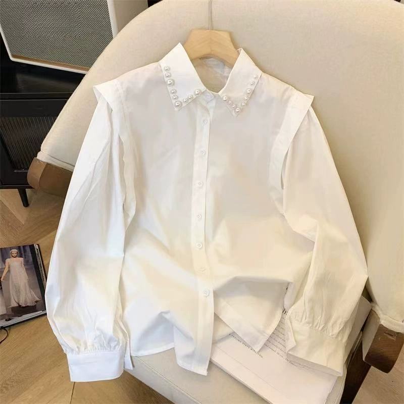 Белый воротник с длинным рукавом рубашка женская весна новый модный дизайн чувство нишевые топ темперамент рубашка