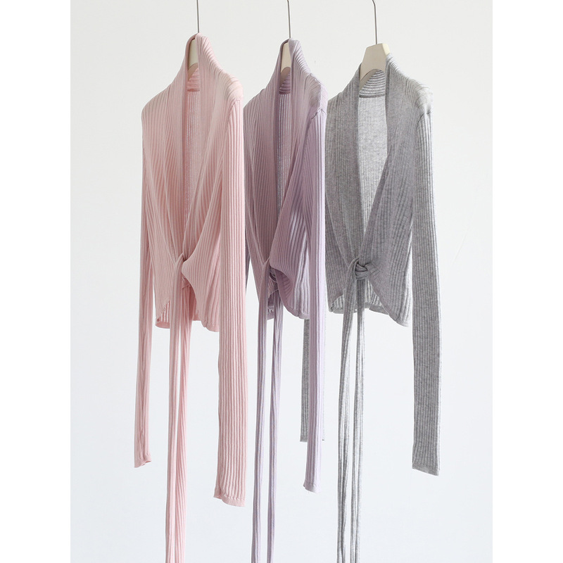 Elegant V-Neck Cross-Tie Solid Color Tencel Short Cardigan with Long Sleeves, Slimming and Height-Enhancing Stylish Top for Summer