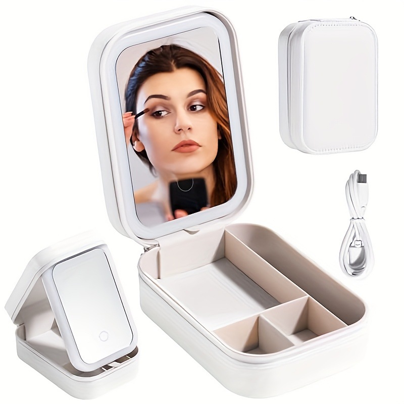 Compact Pink led Lighted Makeup Mirror con Storage Box Transfronterizo