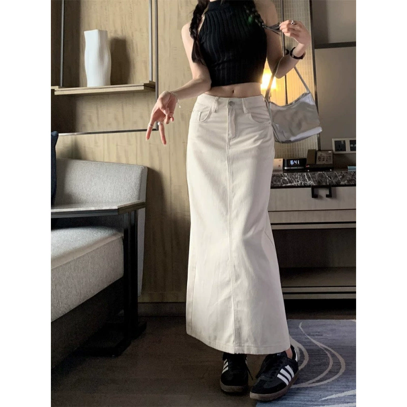 Нежно-белая с высокой талией открывная джинсовая юбка юбка половинка женская весна лето новая тонкая юбка бедра юбка средней длины