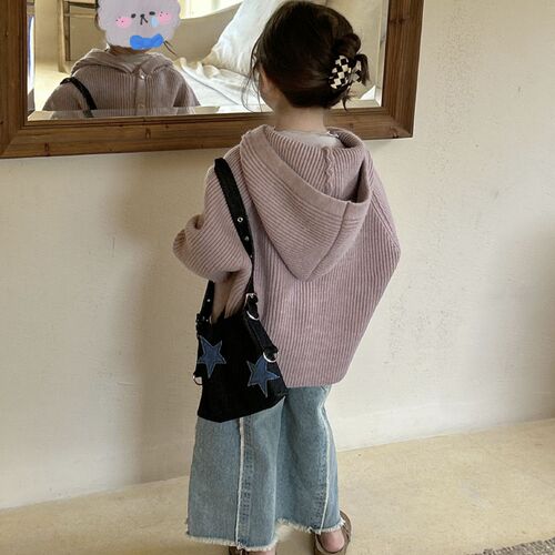 2024 spring new children's clothing Korean style children's clothing girls solid color hooded cape sweater taro purple sweater