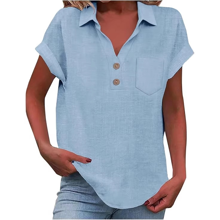 Cross-Border European and American Amazon Summer Loose-Fitting Women's Cotton and Linen Tops Short-Sleeved Collared Cotton Casual Button-Down Shirt Cross-Border European and American Amazon Summer Loose-Fitting Women's Cotton and Linen Tops Short-Sleeved Collared Cotton Casual Button-Down Shirt