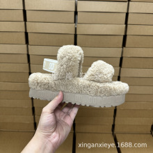 河南桑坡村2025新款增高厚底羊毛拖鞋泰迪二字拖外穿松糕底毛毛拖