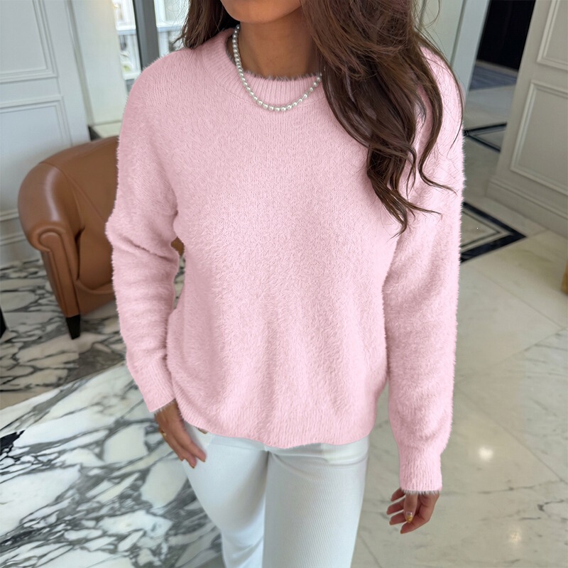 TEMU European and American 2026 Fall/Winter New Valentine's Day Gentle Korean Style Pink Round Neck Imitation Mink Fur Knit Sweater for Women