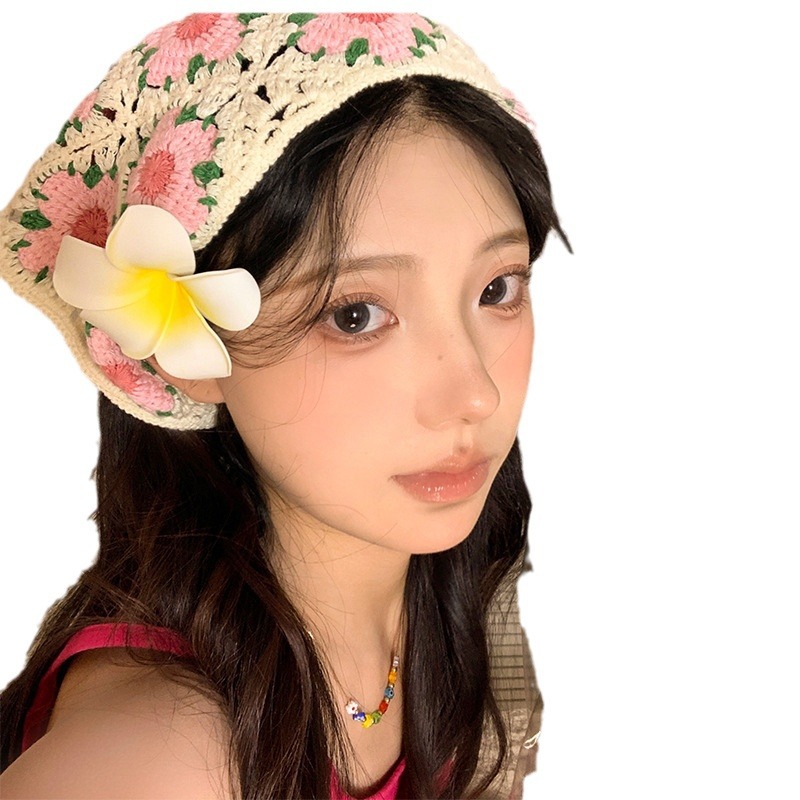 La atmósfera de la playa de flores triangulares de punto turbante de mujer estilo retró pastoral francés correa de pelo para tomar fotos