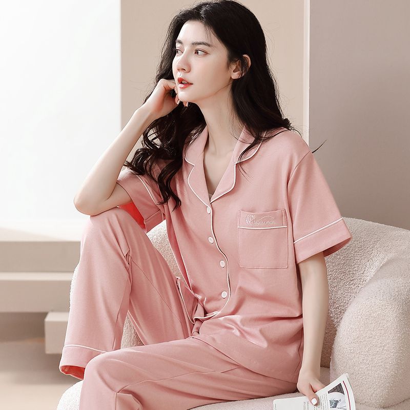 Nuevos pijamas de verano de las mujeres pantalones de manga corta 100% algodón Delgado solapa casual de las mujeres mamá ropa de casa traje de verano