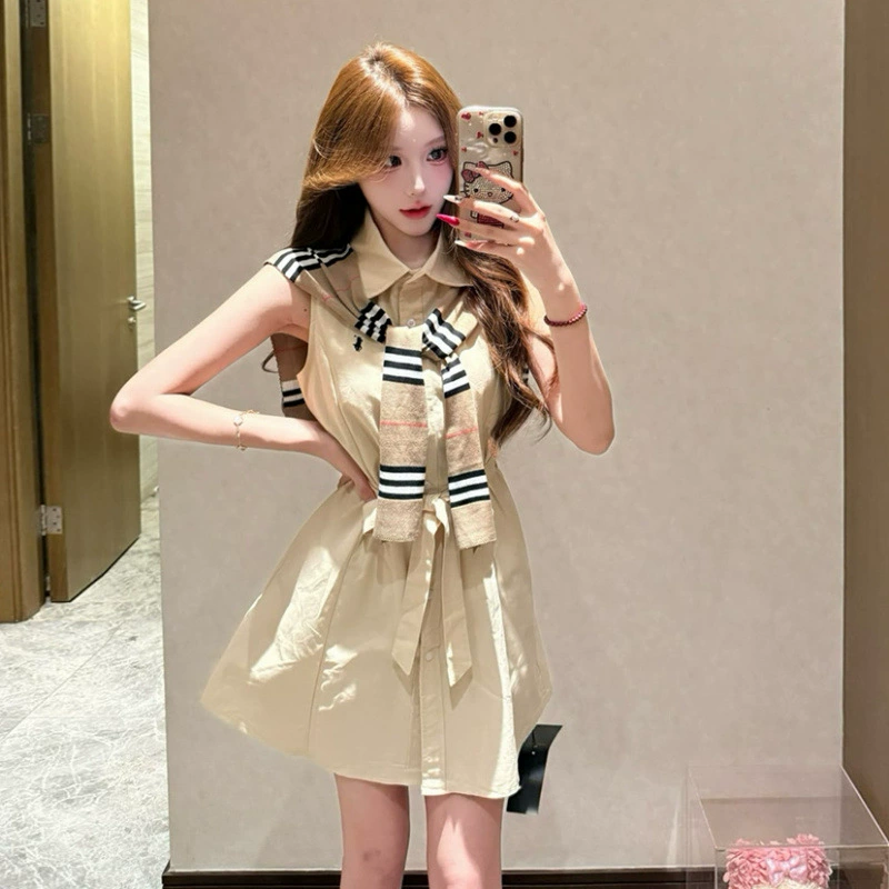 Модный комплект платья с открытыми плечами в стиле инфлюенсера, высококачественный воротник-поло, шаль с завязками и вышивкой пони