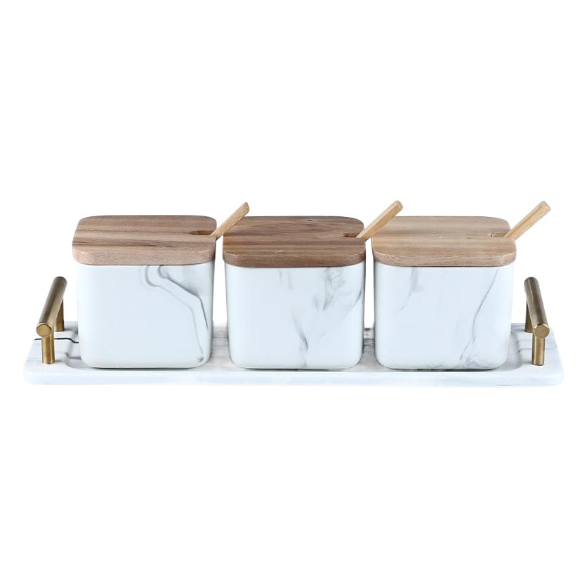 Directo de fábrica mango de oro tarro de condimento suministros de cocina tarro de condimento de tres piezas con cuchara caja de condimento de cerámica hogar creativo