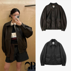 韩国小众潮牌Grove皮衣复古哑光做旧翻领机车夹克外套上衣女秋冬