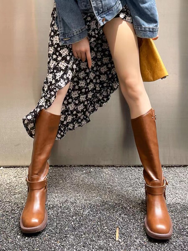 miu Western Cowboy Boots Retro Martin Boots Leather High Barrel Knight Boots But Knee Xinjiang Travel Wear Boots