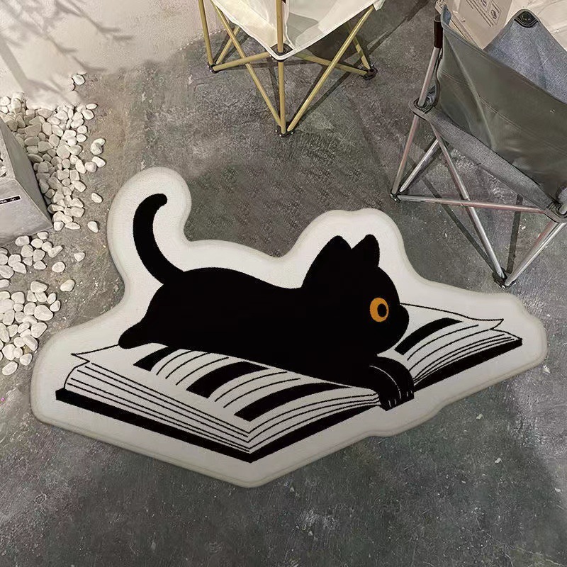 Cross-border cute cartoon imitation cashmere floor mat ins little black cat girl's bedroom plush carpet bathroom absorbent foot mat