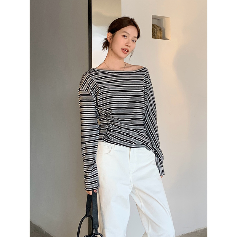THE MIND天丝条纹撞色长袖T恤女2025早秋新品褶皱百搭上衣T268