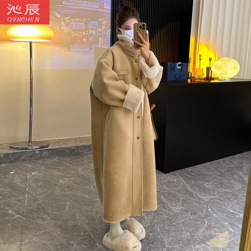 스웨이드 모피 코트 여자 겨울 새로운 두꺼운 긴 모토 Lambswool Coat Wolen Coat