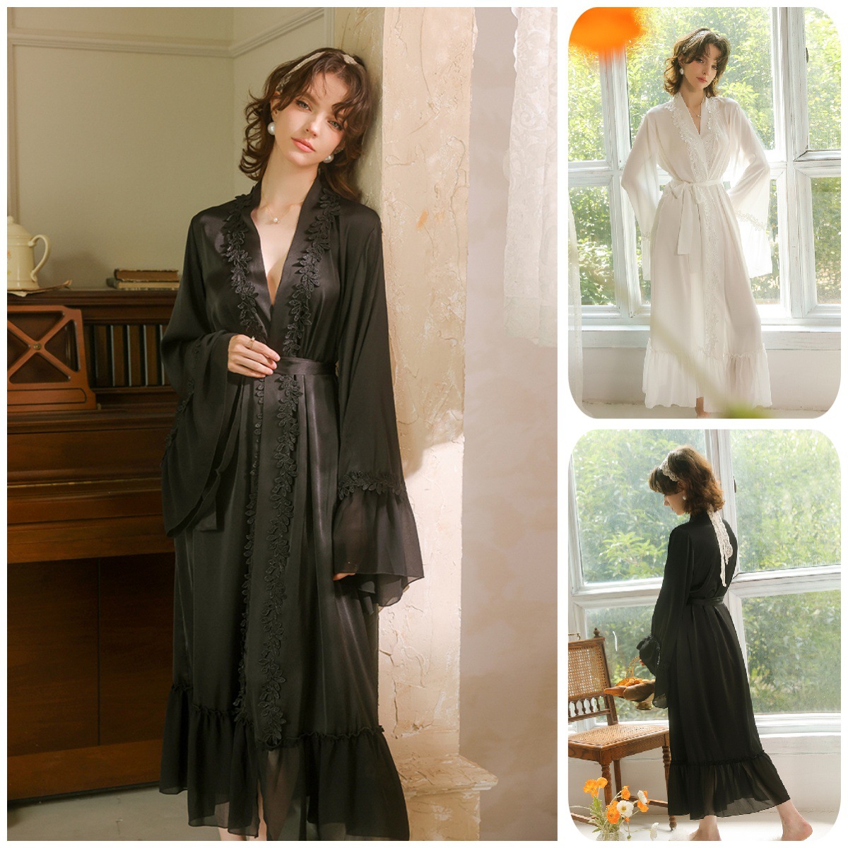 French Elegant Satin Bustier Water-Soluble Flower Decorative Nightgown Women's Chiffon Cuffs Long Multi-Color Home Wear 960