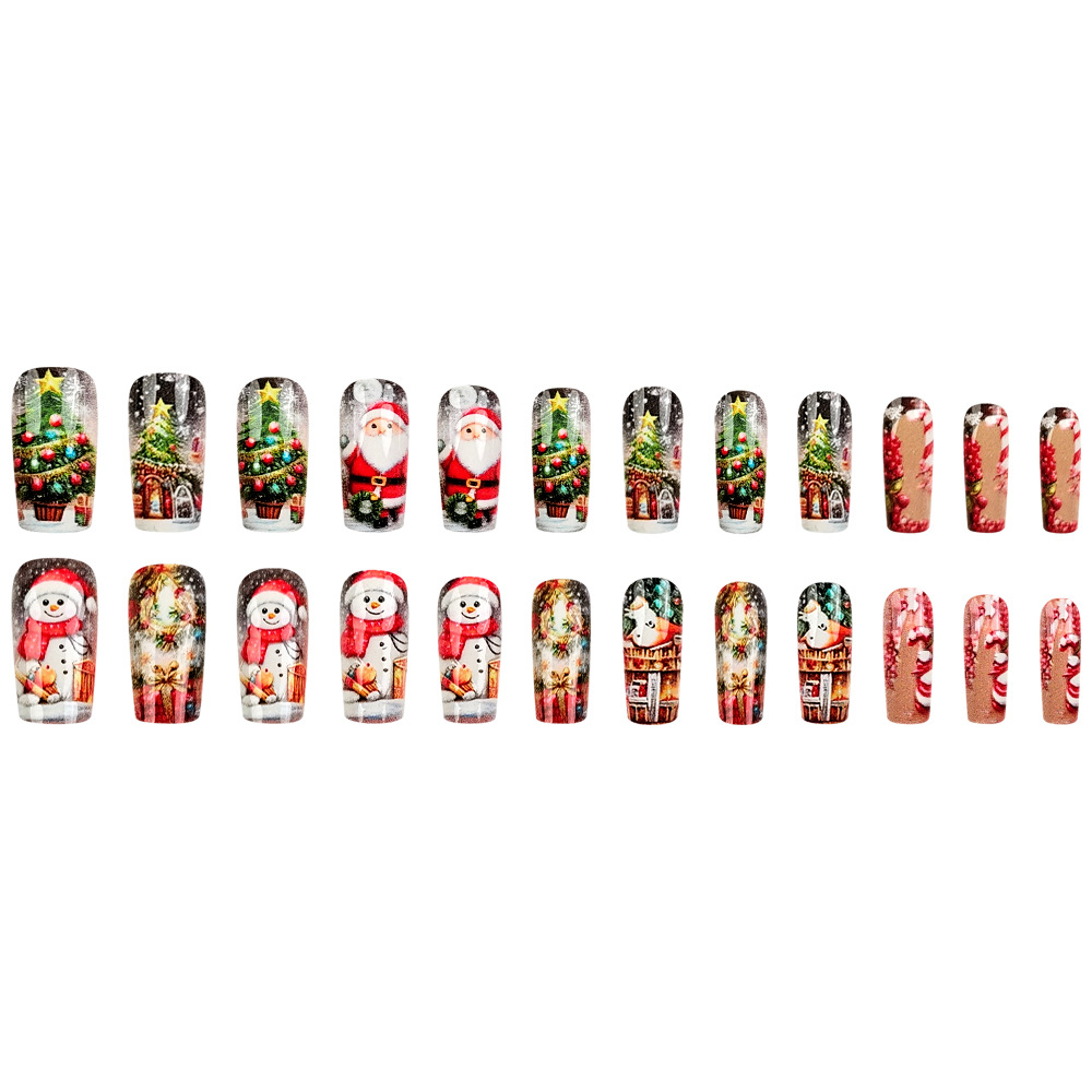 Ventas transfronterizas de uñas en relieve, cálida casa de muñeco de nieve, 24 piezas de uñas falsas.