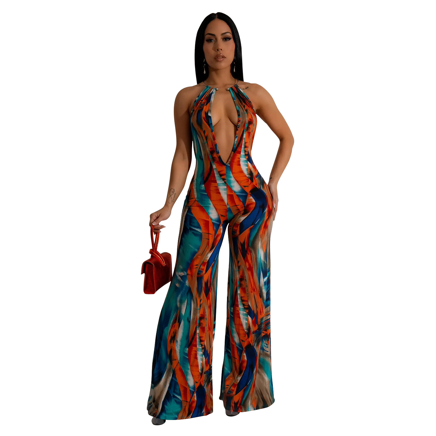 C6930 Aliexpress transfronterizo Amazon Europa y América de moda impresión de ropa de mujer sin mangas profunda V color combinación de pantalones largos image 7