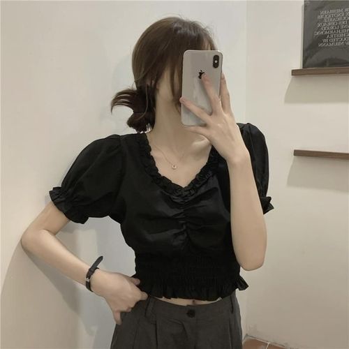 2025 Summer French Collar Puffed Sleeve Women's Design-Focused Waist Cinching Slimming Lotus Edge Short-Sleeve Top