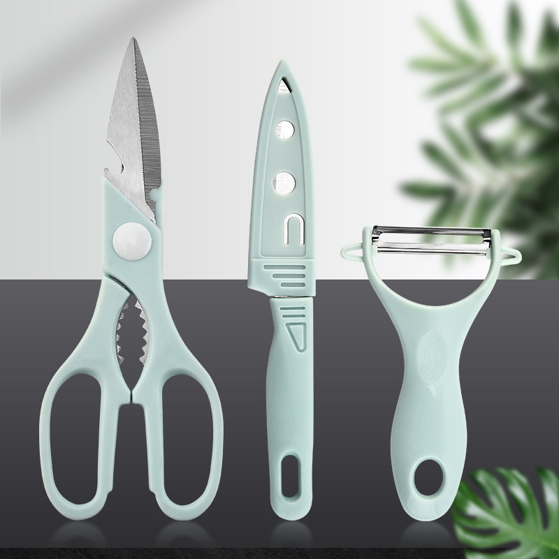 Fábrica al por mayor macaron color fruta cuchillo melón cepilladora cuchillo de tres piezas juego de cocina Sanbao tijeras de hueso de pollo con cubierta de cuchillo