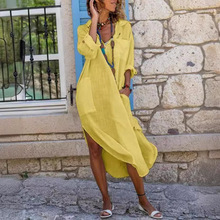 欧美跨境新款纯色棉麻开叉宽松透气休闲长袖衬衫款中长连衣裙