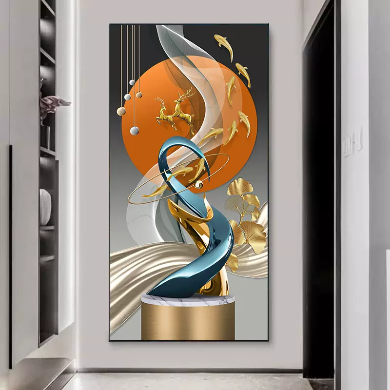九鱼图玄关装饰画现代入户过道走廊尽头挂画客厅入门玄幻对门壁画