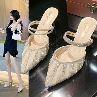 High-Heeled Slippers for Women, New 2025 Women's Shoes for Spring and Summer, Korean Style Fairy Style Rhinestone Stiletto Two-Way Sandals for Women