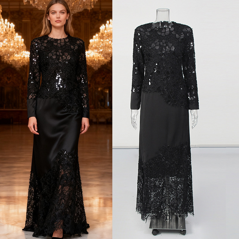 Black Lace Sequin Patchwork Satin Long Dress 2026 Summer New Women's Long-Sleeved Evening Dress Celebrity Dress