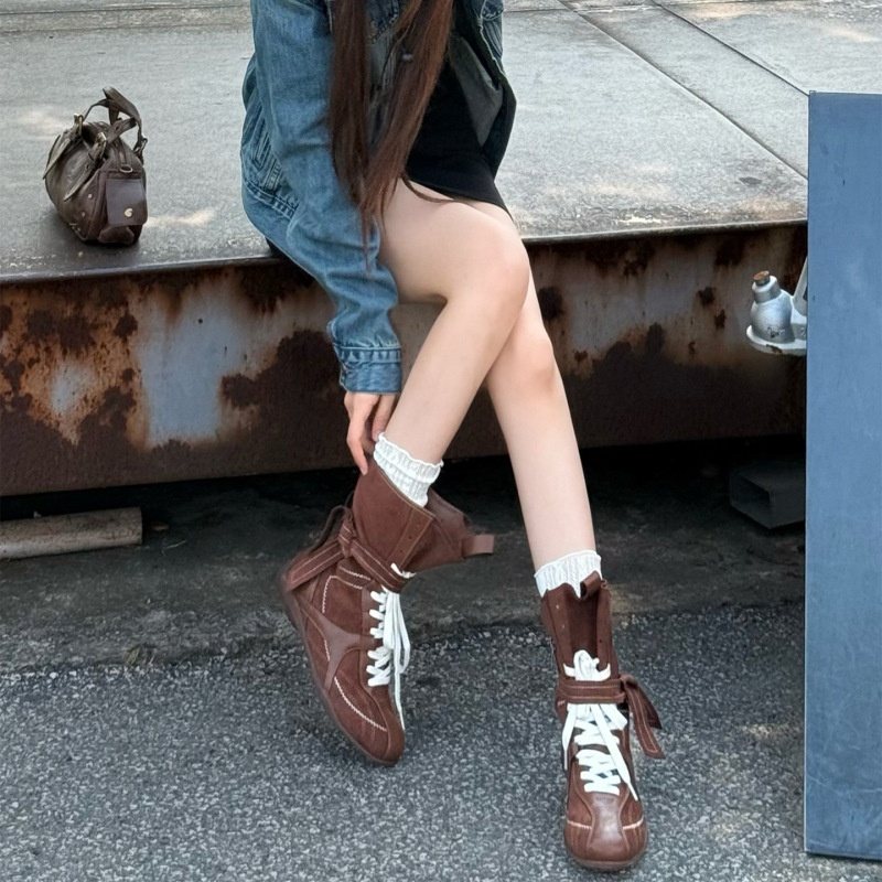美拉德复古中筒猎装德训马丁靴子女2025秋季新款时髦拼色拳击靴女|undefined