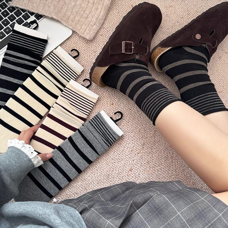 Striped Socks for Children Spring and Autumn Japanese Style Roll-up Stacks Instagram Style Trendy All-match Vintage Mid-body Socks Autumn and Winter Lazy Color