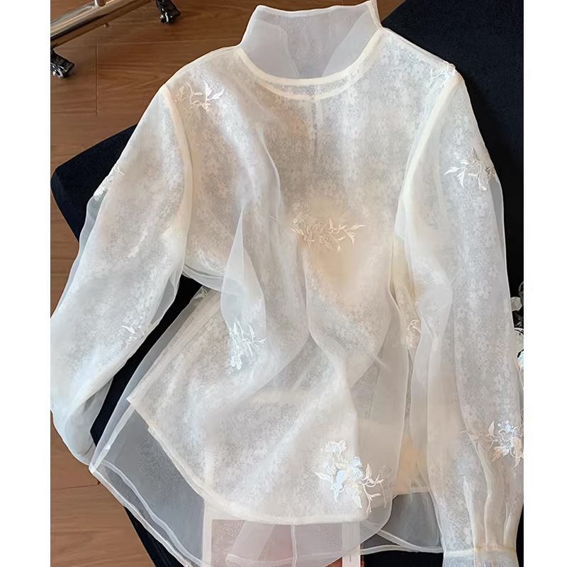 Lace Mesh Embroidered Sequin New Chinese-Style Shirt for Women 2026 Spring New Model High-End Elegant Versatile Gentle Blouse Lace Mesh Embroidered Sequin New Chinese-Style Shirt for Women 2026 Spring New Model High-End Elegant Versatile Gentle Blouse