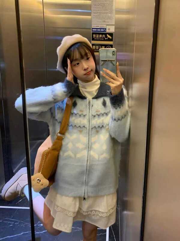 日系慵懒风软糯翻领拉链秋冬宽松费尔岛提花开衫毛衣针织衫外套女|undefined