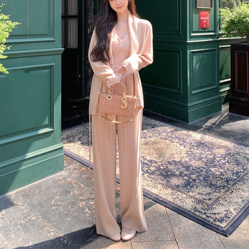 气质优雅针织三件套女秋冬新款毛衣外套+V领背心+宽松阔腿裤套装|undefined