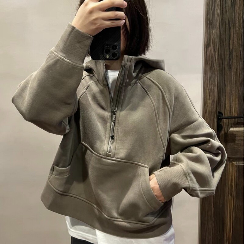 Embroidered Lulu Original Label Scuba Sweatshirt for Women, High-Neck, Half-Zip, Loose-Fitting, Fleece-Lined Jacket, Long-Sleeved, for Sports and Fitness