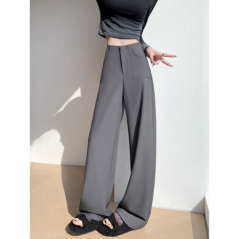 Pantalones de traje negros de alto nivel de primavera y otoño para mujeres 2025 nuevos pantalones casuales de cintura alta y caída de tela estrecha de pierna ancha recta