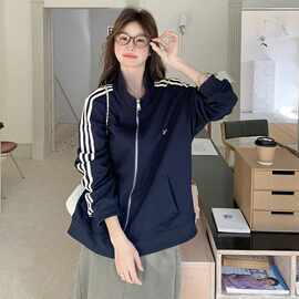 实拍藏青色美式复古立领卫衣外套女2026春新款宽松蝴蝶结刺绣开衫