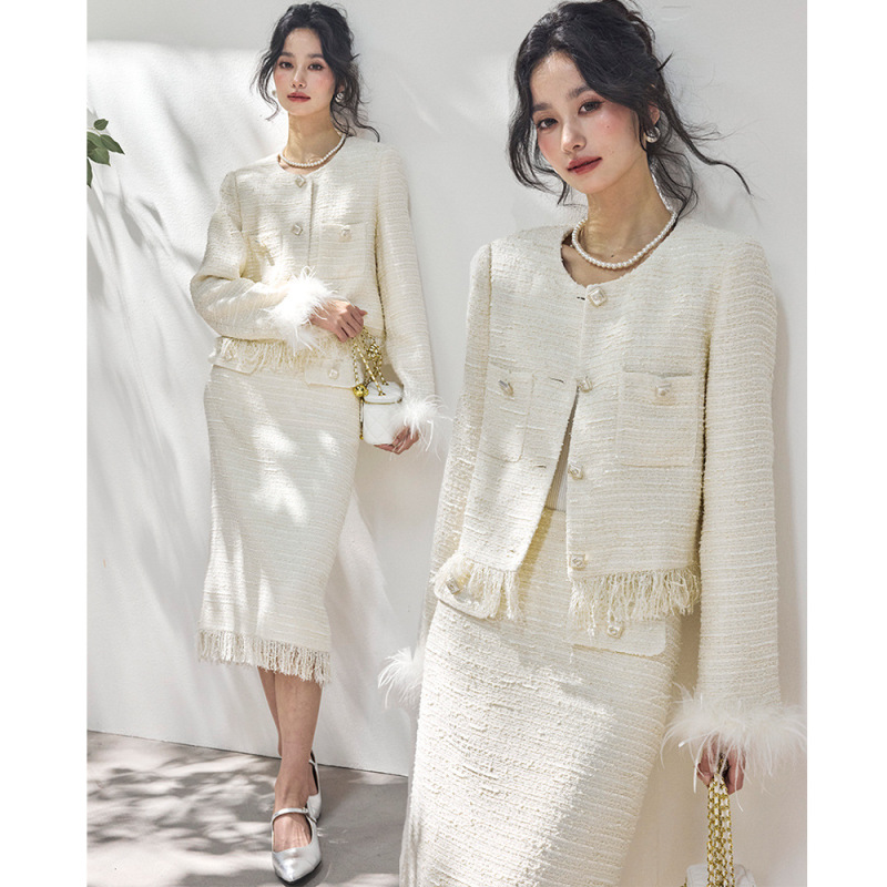 【Shengdu】26 Spring New French Retro High-End Style Socialite Ostrich Feather Tweed Chanel-Style Jacket