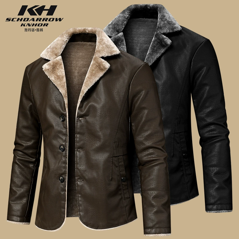 Трансграничная мужская кожаная одежда новый осенний и зимний корейский тренд плюс бархатный толстый пиджак мужской мотоциклетный кожаный пиджак