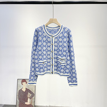 法式跨境女装冬季青花瓷提花毛衣女时尚套装圆领长袖针织开衫外套