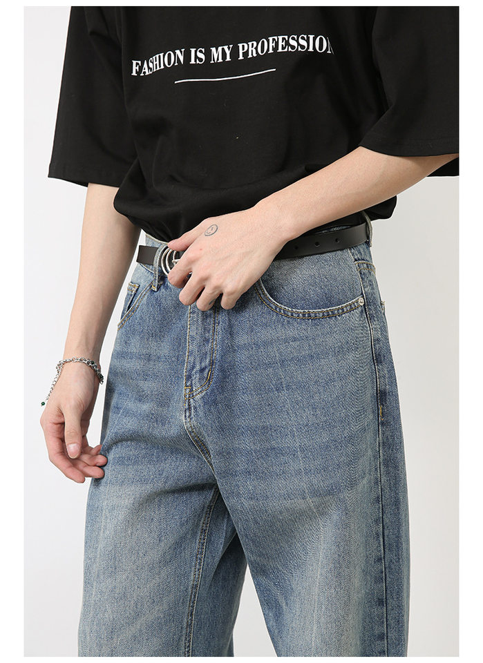 Quần jeans nam ống đứng dáng suông rộng, denim xử lý giặt retro phong cách Mỹ, quần dài mặc hằng ngày — Màu xanh lam chi tiết 11