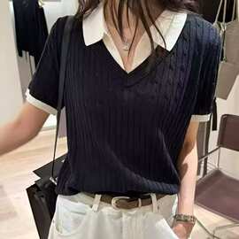 假两件麻花纹针织衫女欧洲站1387翻领春装新款欧货女装打底小衫潮